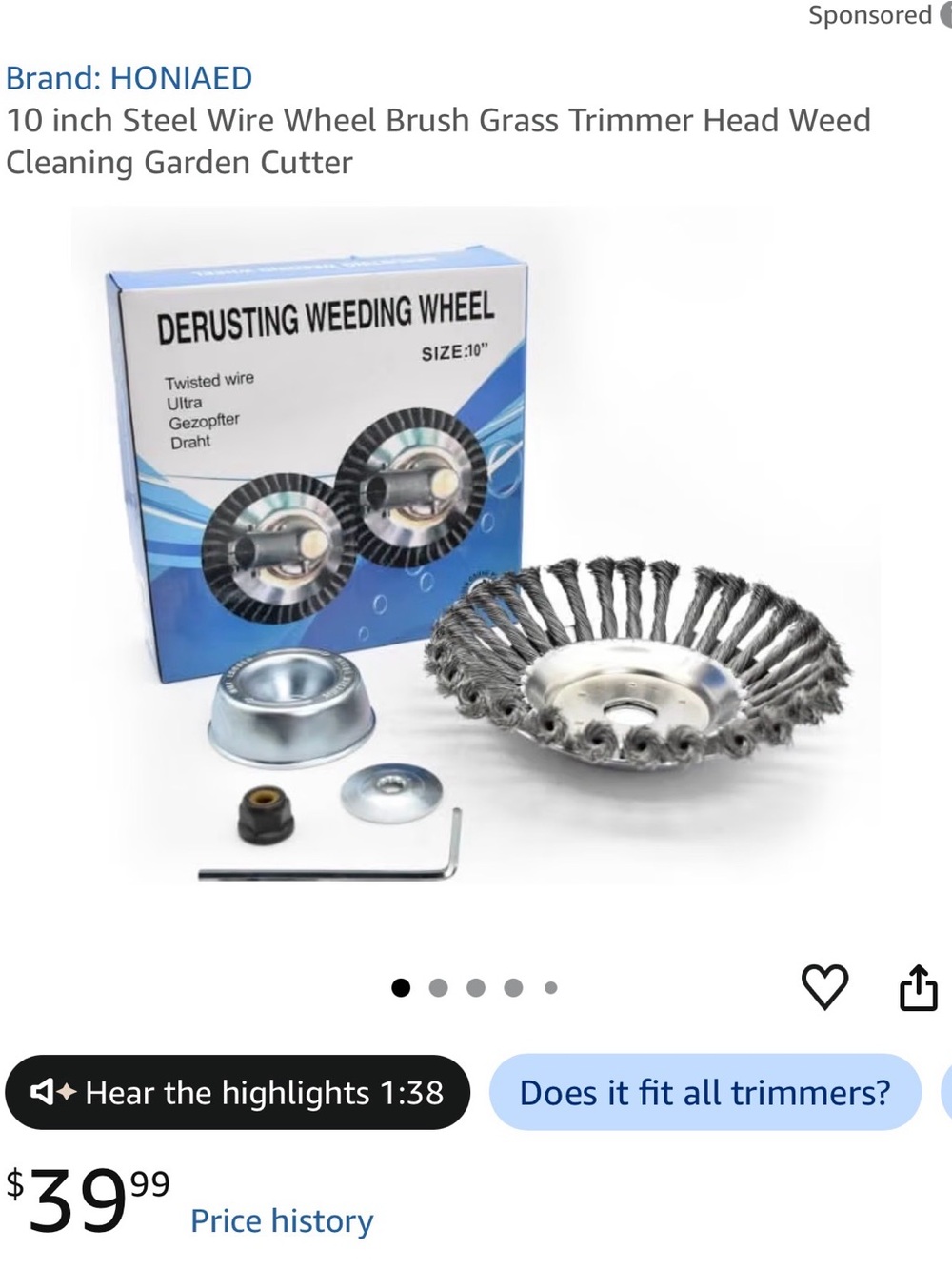 10-inch twisted steel wire weeding and derusting wheel brush. Includes mounting